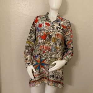 John Mark New York City Map Print Top Tunic Blouse Multicolor